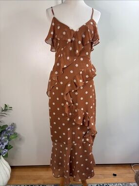 The Workshop Polka Dot Ruffle Slip Dress in Brown M